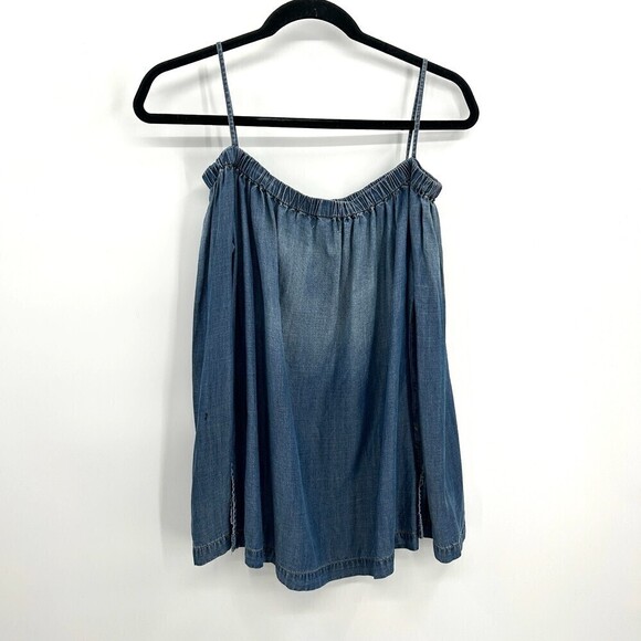 CLOTH & STONE Blue Chambray Off The Shoulder Strap Boxy Long Sleeve Top Size XS - Picture 3 of 7